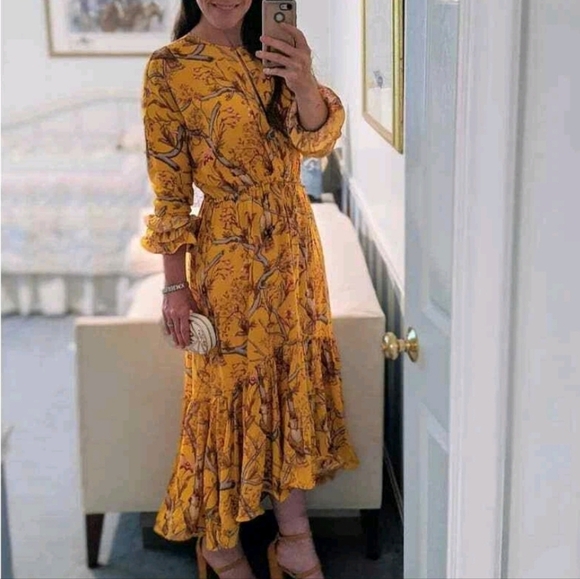 H&M Johanna Ortiz Women's Yellow Floral Boho Frill Long Midi Crepe Dress Size XS - Picture 1 of 16